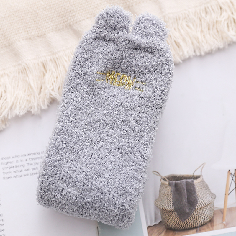 Cartoon Coral Velvet Socks Female Wild Embroidery Velvet Snow Floor Socks Cashmere Home Stereo Ear Sleep Fluffy Fuzzy Socks